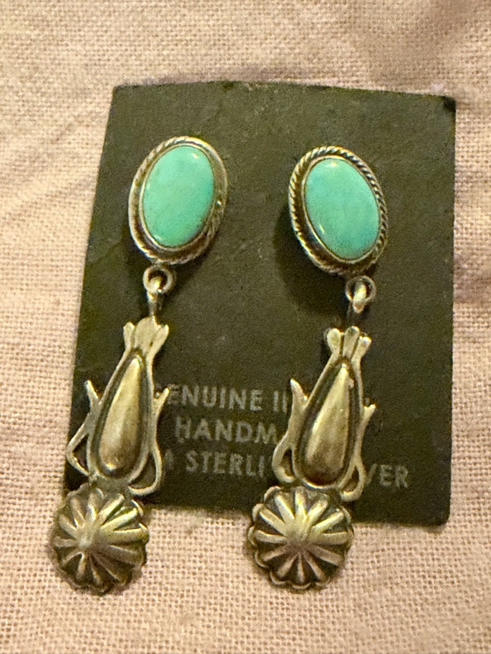 .925 Native American Navajo Turquoise Dangle Sterling Silver Earrings - Signed - Picture 2 of 4